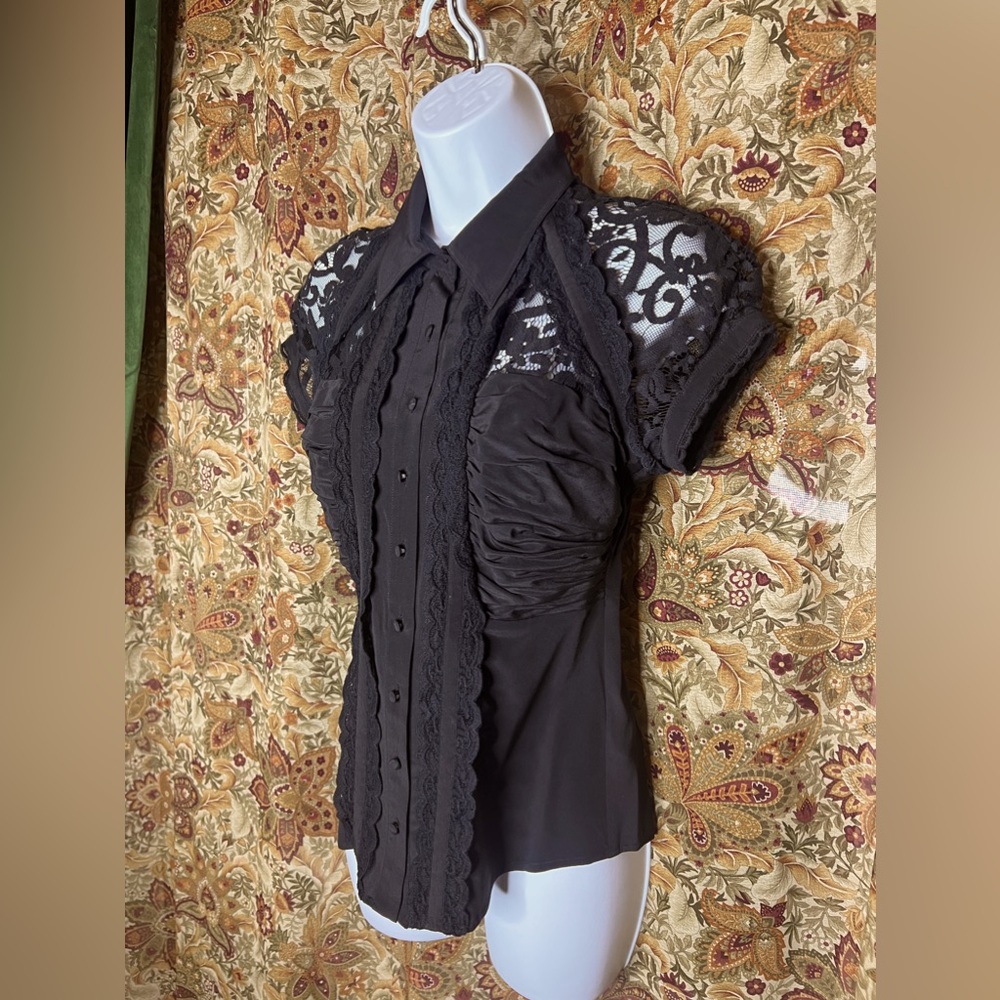 Vintage Bebe Silk Button Up Blouse w/Sheer Lace Burlesque Retro Pinup Goth XS - Picture 4 of 11